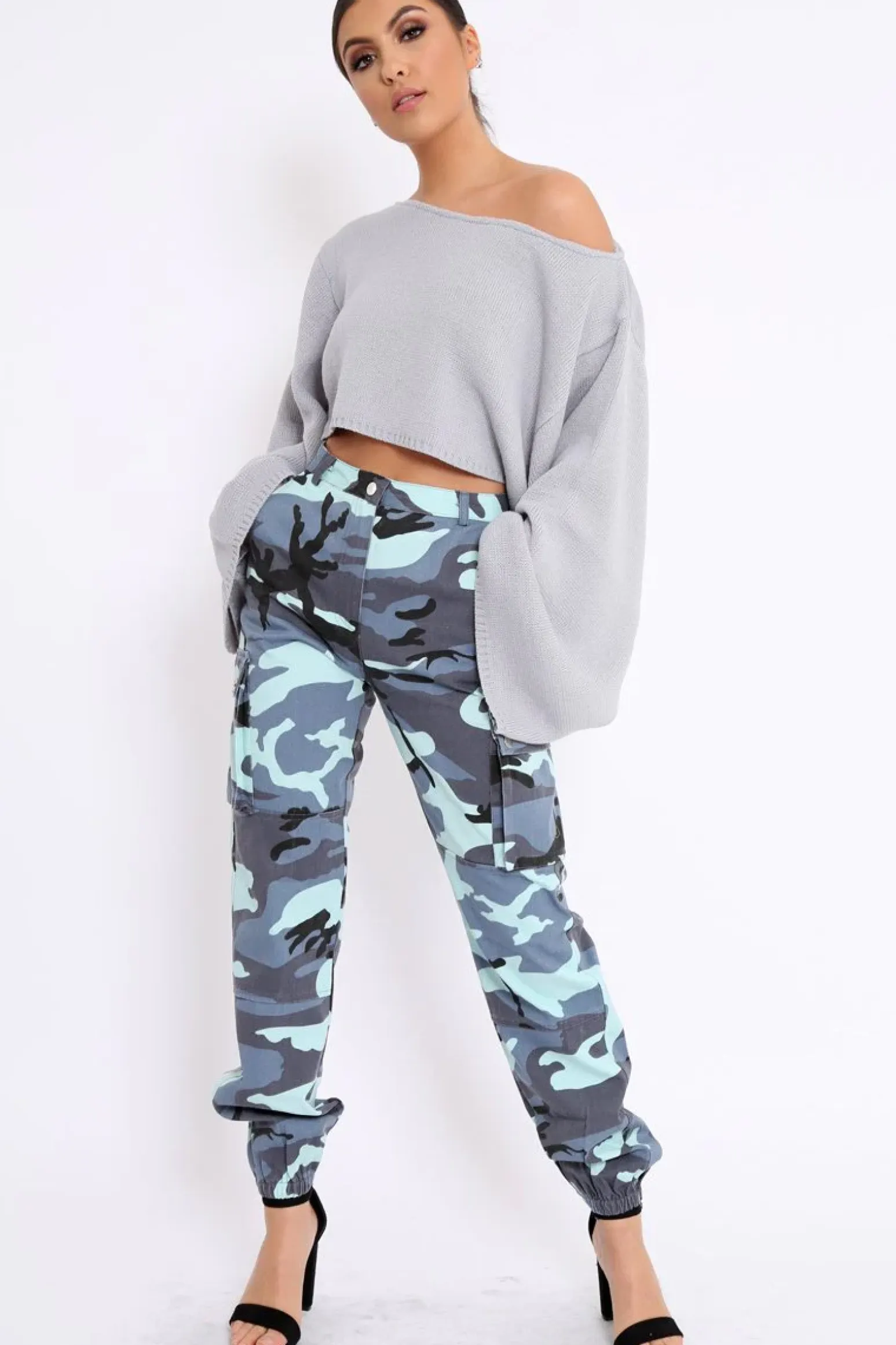 Rebellious Fashion Blue Camo Printed Cargo Trousers - Vivi