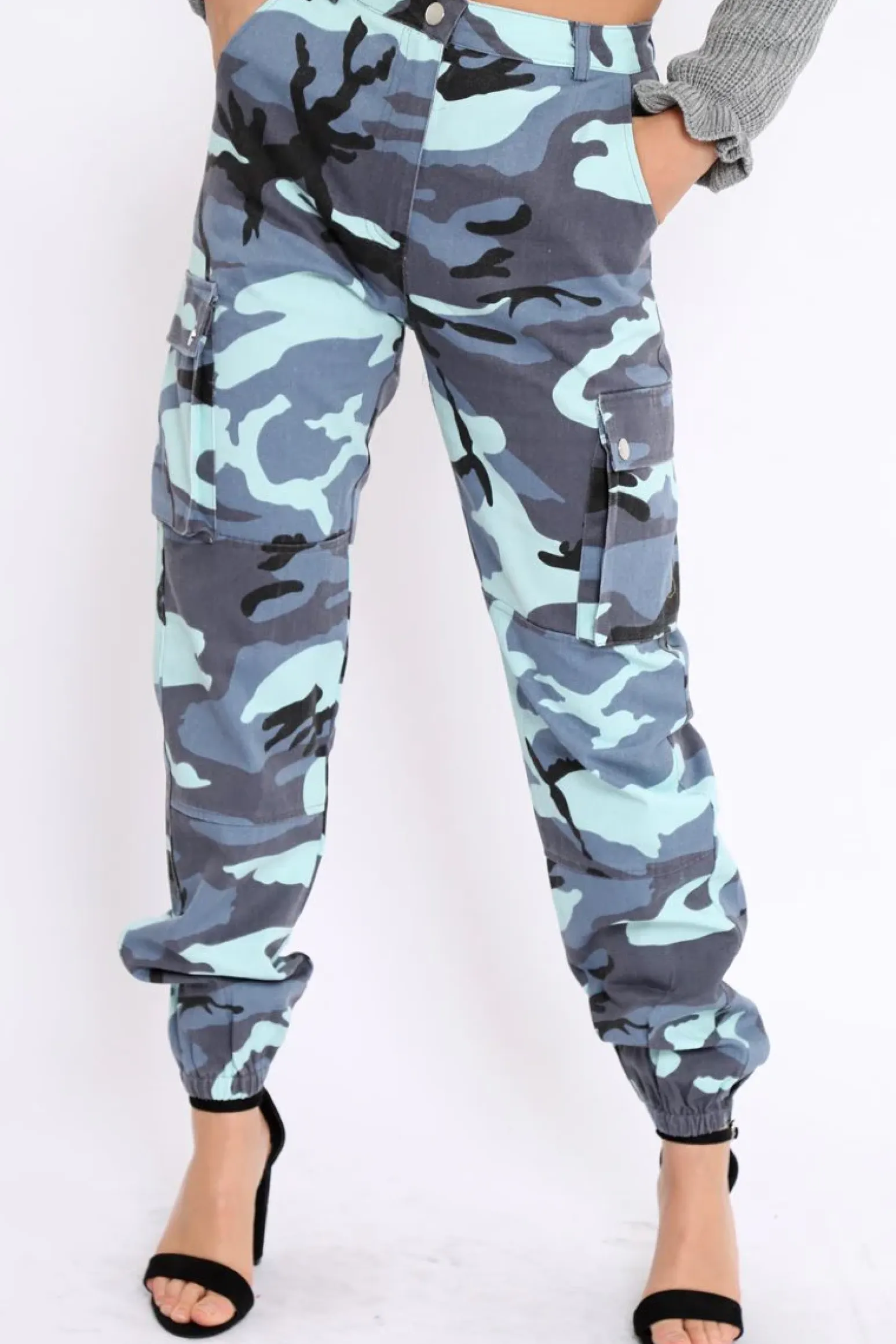 Rebellious Fashion Blue Camo Printed Cargo Trousers - Vivi