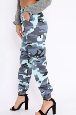Rebellious Fashion Blue Camo Printed Cargo Trousers - Vivi