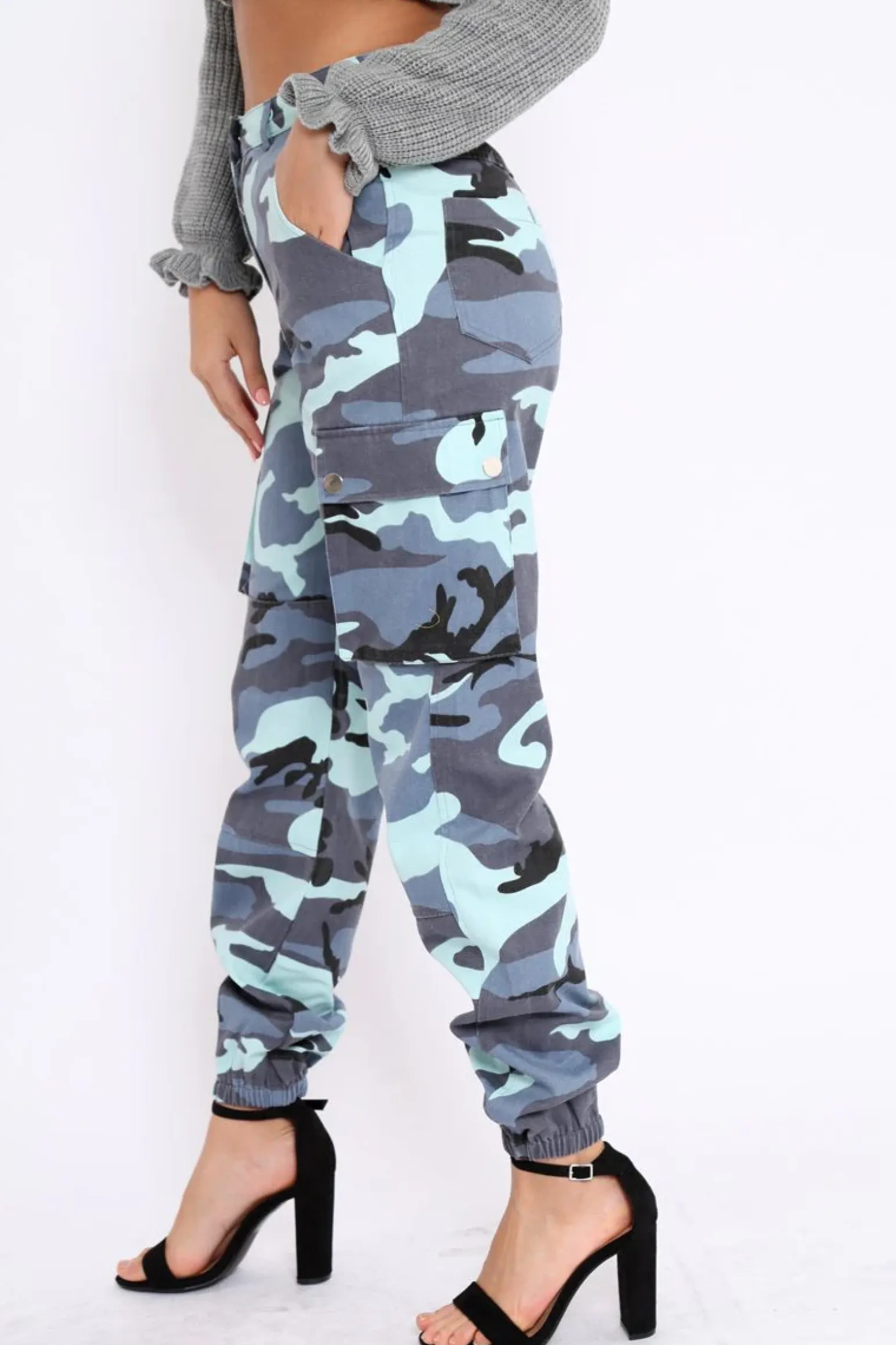 Rebellious Fashion Blue Camo Printed Cargo Trousers - Vivi