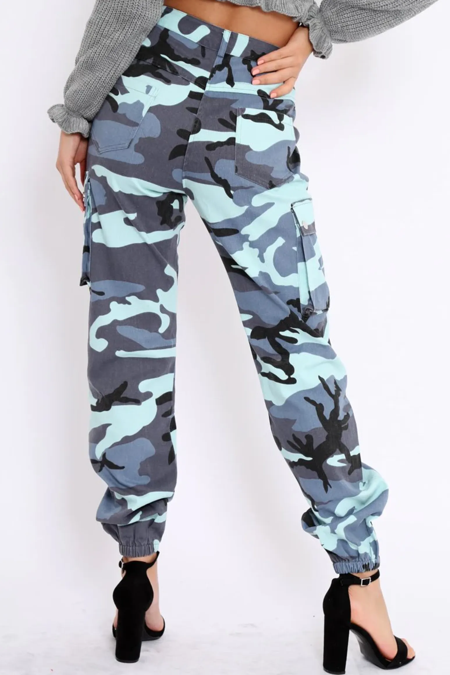 Rebellious Fashion Blue Camo Printed Cargo Trousers - Vivi