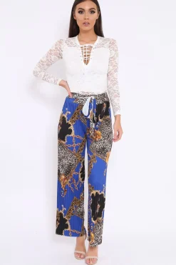 Rebellious Fashion Blue Chain Leopard Pleated Wide Leg Trousers - Bess