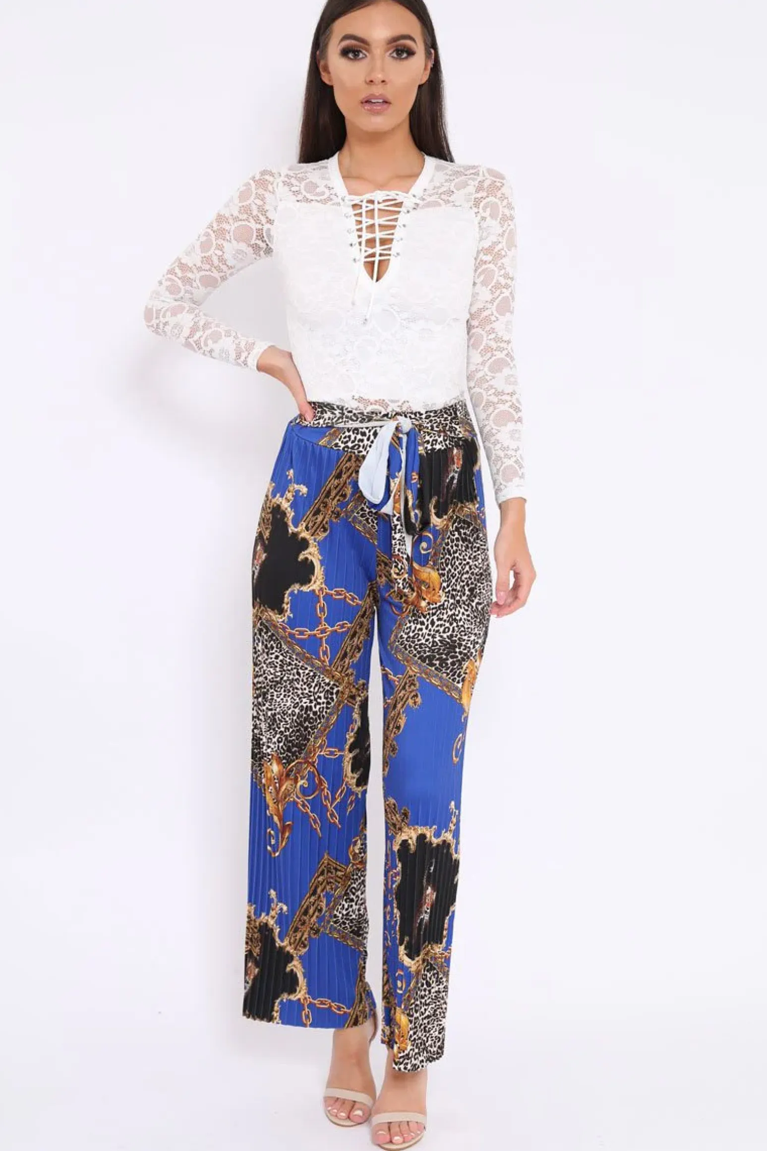 Rebellious Fashion Blue Chain Leopard Pleated Wide Leg Trousers - Bess