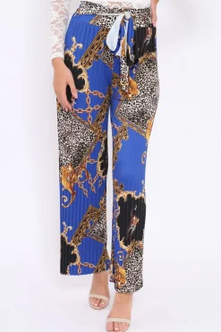 Rebellious Fashion Blue Chain Leopard Pleated Wide Leg Trousers - Bess