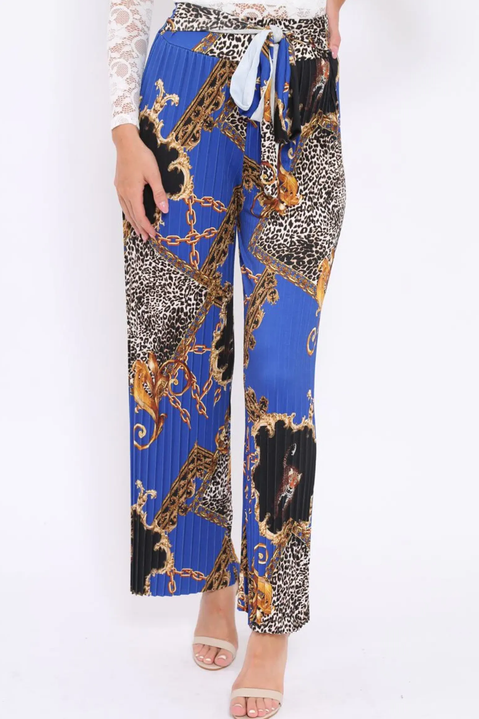 Rebellious Fashion Blue Chain Leopard Pleated Wide Leg Trousers - Bess
