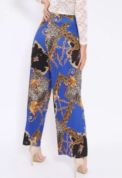 Rebellious Fashion Blue Chain Leopard Pleated Wide Leg Trousers - Bess