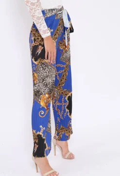 Rebellious Fashion Blue Chain Leopard Pleated Wide Leg Trousers - Bess
