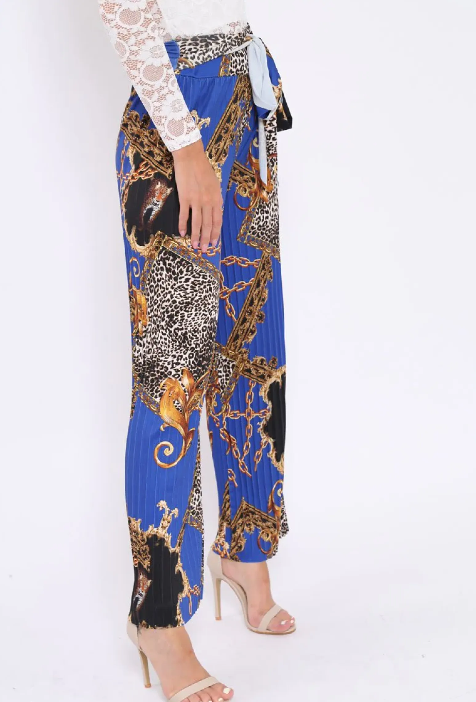 Rebellious Fashion Blue Chain Leopard Pleated Wide Leg Trousers - Bess