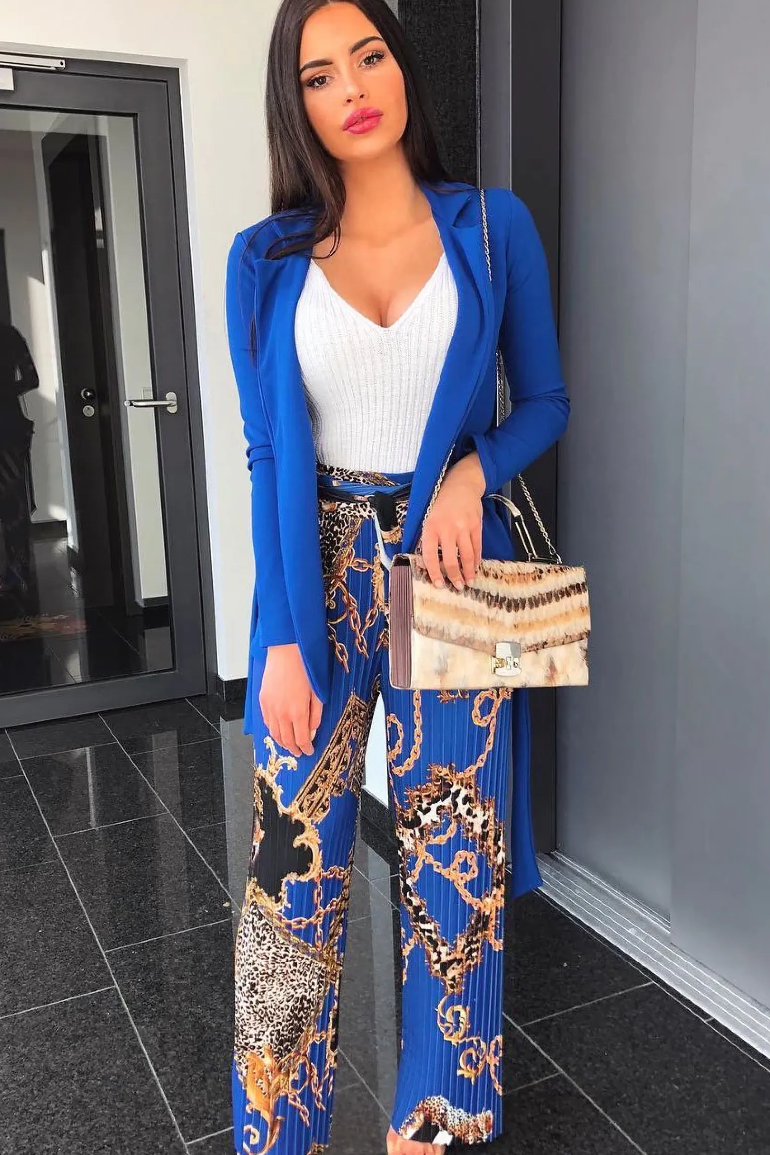 Rebellious Fashion Blue Chain Pleated Wide Leg Trousers - Neola