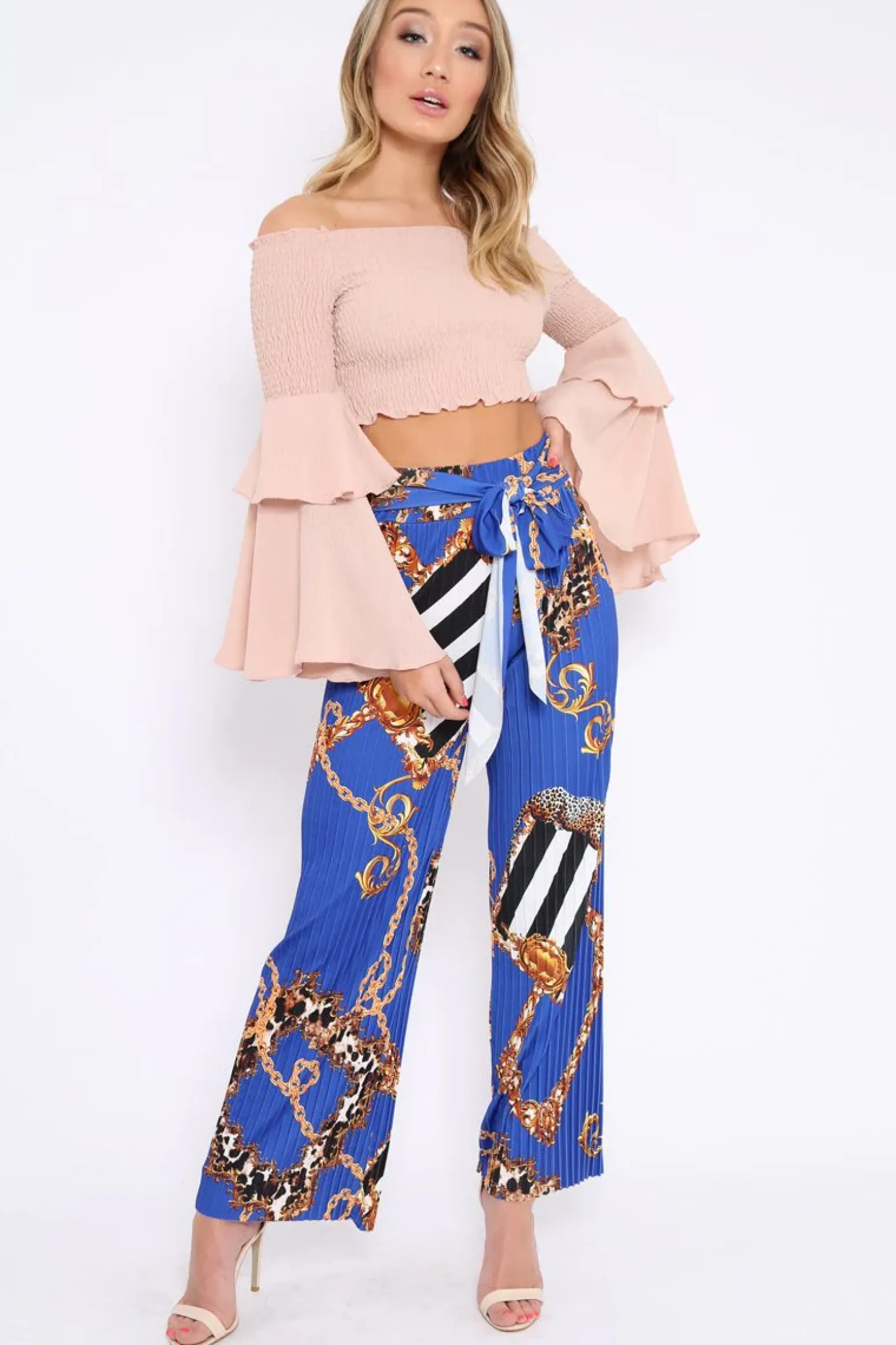 Rebellious Fashion Blue Chain Pleated Wide Leg Trousers - Neola