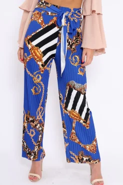 Rebellious Fashion Blue Chain Pleated Wide Leg Trousers - Neola
