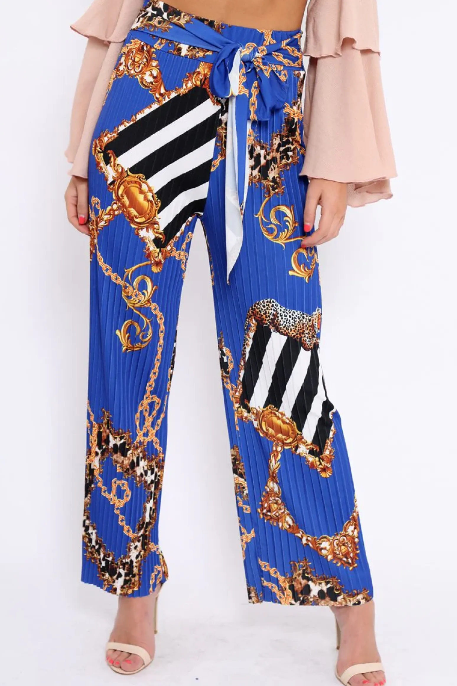 Rebellious Fashion Blue Chain Pleated Wide Leg Trousers - Neola