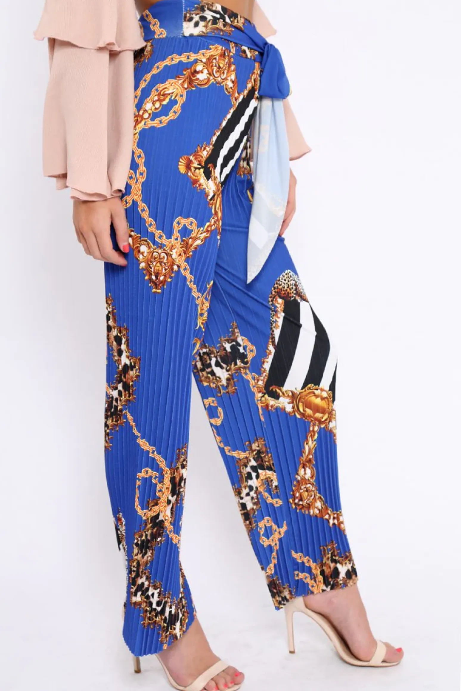 Rebellious Fashion Blue Chain Pleated Wide Leg Trousers - Neola