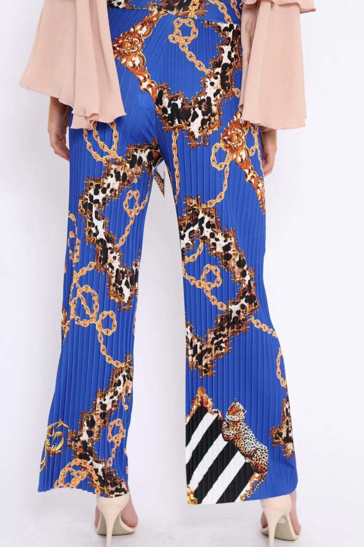 Rebellious Fashion Blue Chain Pleated Wide Leg Trousers - Neola