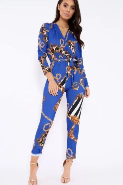 Rebellious Fashion Blue Chain Print V-Plunge Jumpsuit - Talise