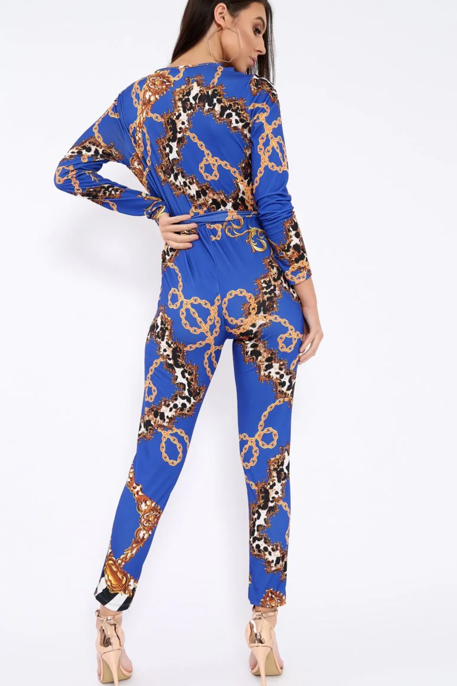 Rebellious Fashion Blue Chain Print V-Plunge Jumpsuit - Talise