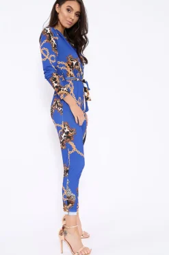 Rebellious Fashion Blue Chain Print V-Plunge Jumpsuit - Talise