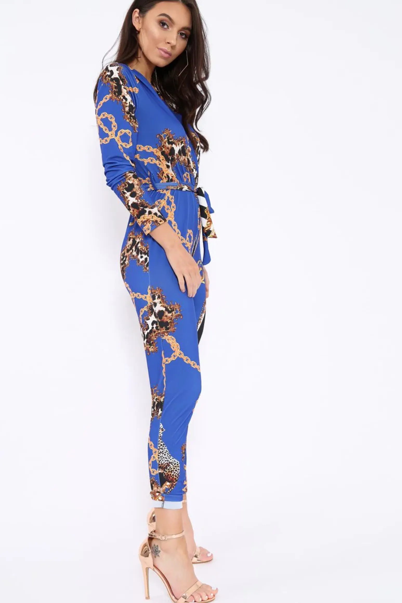 Rebellious Fashion Blue Chain Print V-Plunge Jumpsuit - Talise