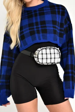 Rebellious Fashion Blue Check Batwing Crop Knit Jumper - Marisa