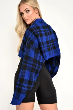 Rebellious Fashion Blue Check Batwing Crop Knit Jumper - Marisa