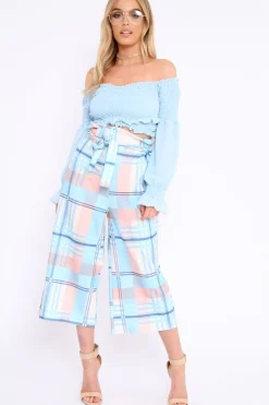 Rebellious Fashion Blue Check Cropped Wide Leg Trousers - Silvia