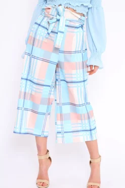 Rebellious Fashion Blue Check Cropped Wide Leg Trousers - Silvia