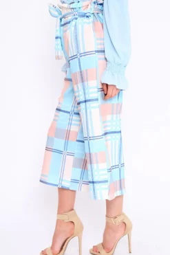 Rebellious Fashion Blue Check Cropped Wide Leg Trousers - Silvia