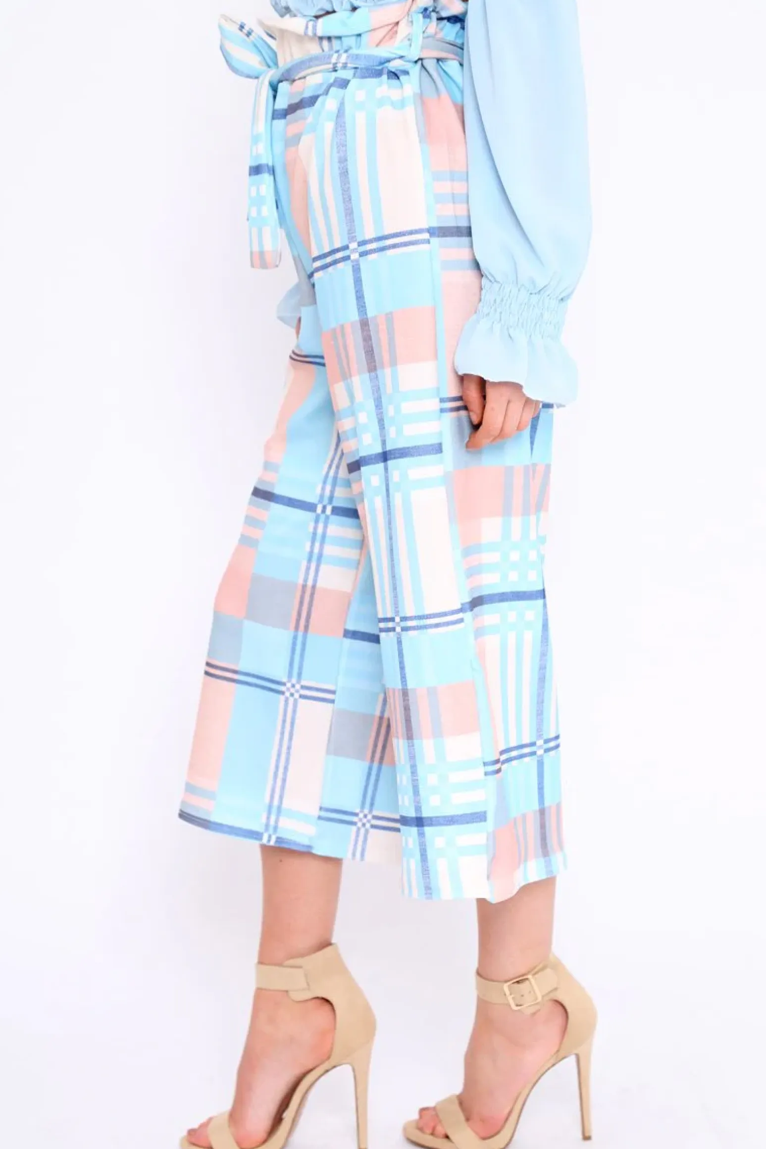 Rebellious Fashion Blue Check Cropped Wide Leg Trousers - Silvia