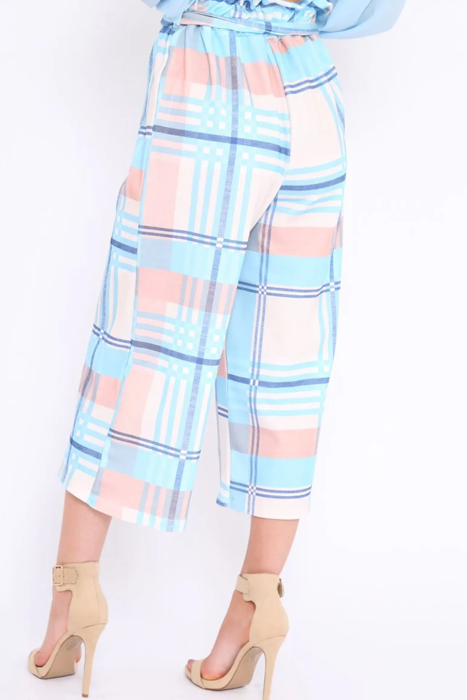 Rebellious Fashion Blue Check Cropped Wide Leg Trousers - Silvia