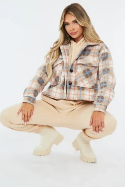 Rebellious Fashion Blue Checked Cropped Pocket Front Shacket - Ebonni