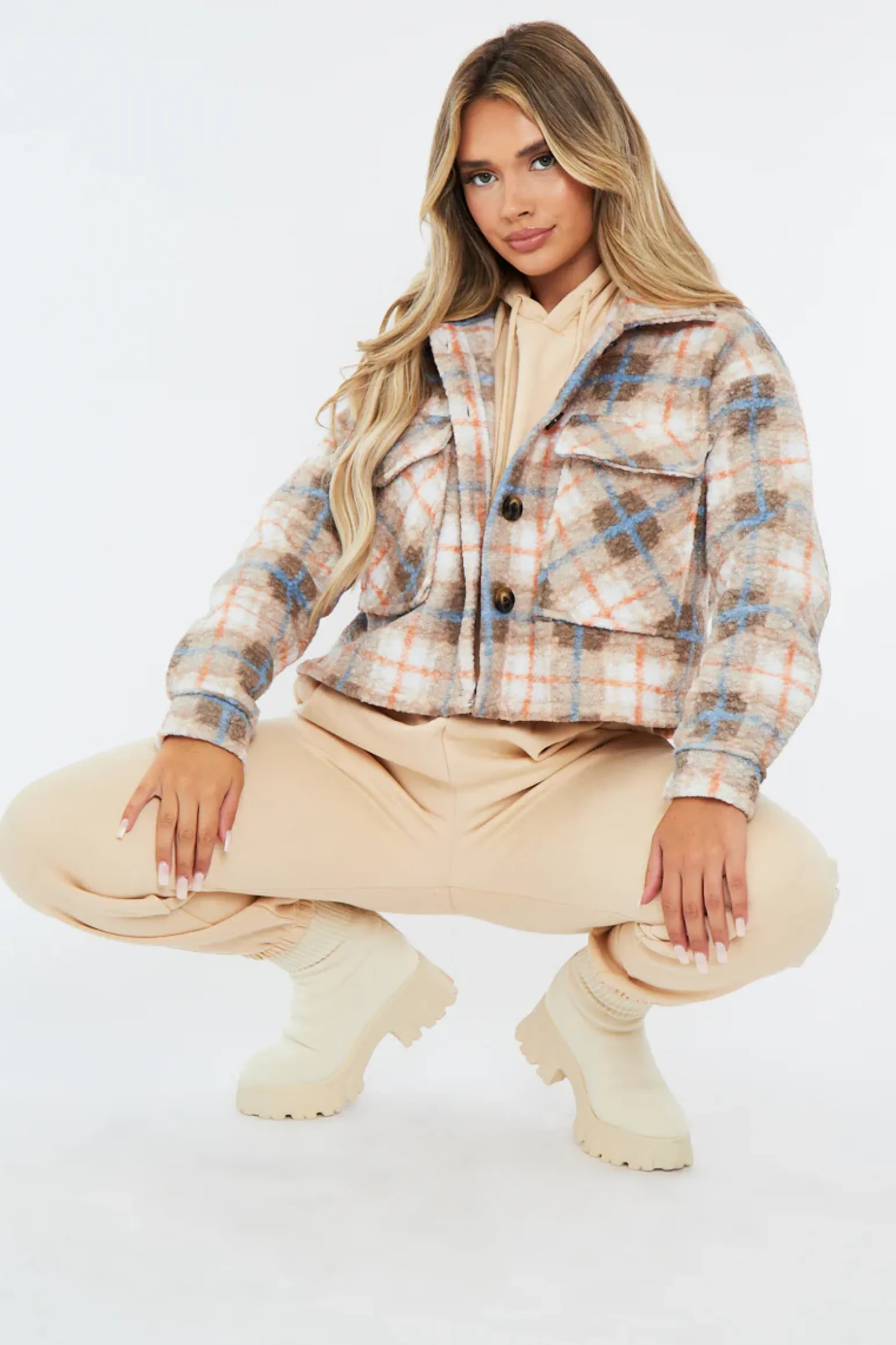 Rebellious Fashion Blue Checked Cropped Pocket Front Shacket - Ebonni