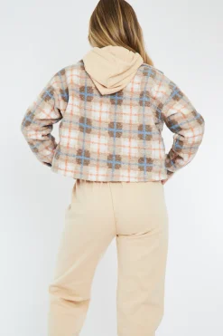 Rebellious Fashion Blue Checked Cropped Pocket Front Shacket - Ebonni