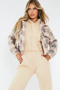 Rebellious Fashion Blue Checked Cropped Pocket Front Shacket - Ebonni