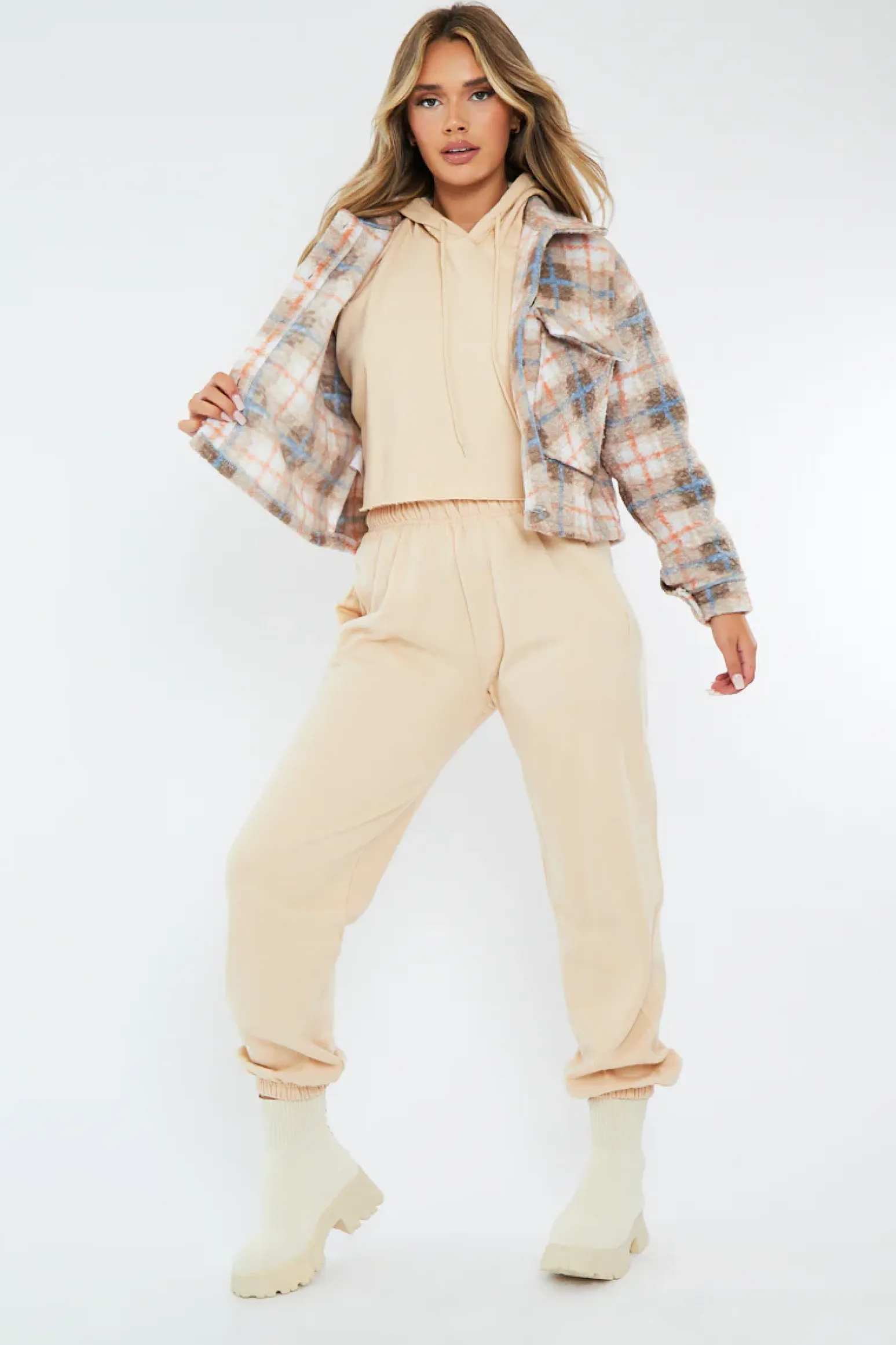 Rebellious Fashion Blue Checked Cropped Pocket Front Shacket - Ebonni