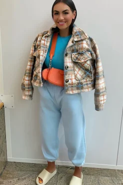 Rebellious Fashion Blue Checked Cropped Pocket Front Shacket - Ebonni