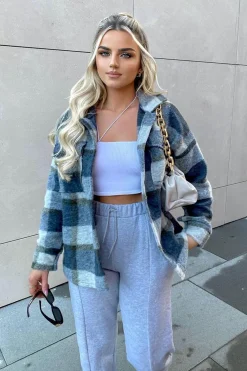 Rebellious Fashion Blue Check Oversized Wool Blend Shacket - Diora