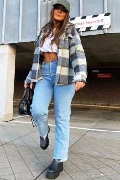 Rebellious Fashion Blue Check Oversized Wool Blend Shacket - Diora
