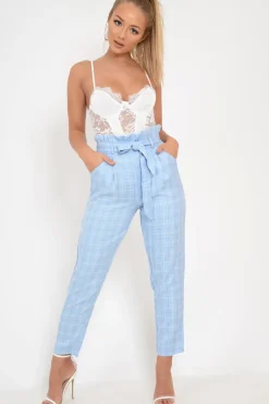 Rebellious Fashion Blue Check Paper Bag Trousers - Irma