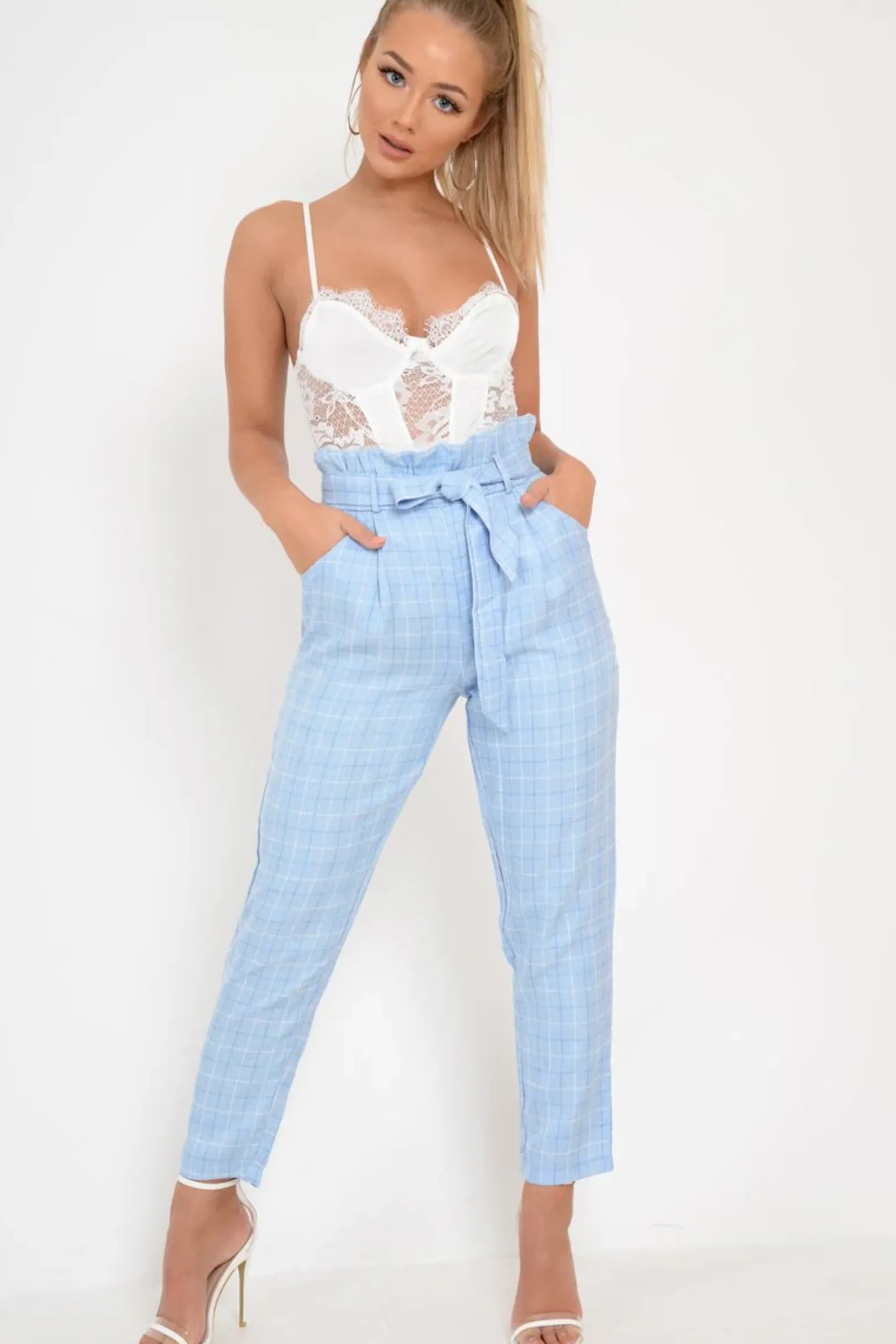 Rebellious Fashion Blue Check Paper Bag Trousers - Irma