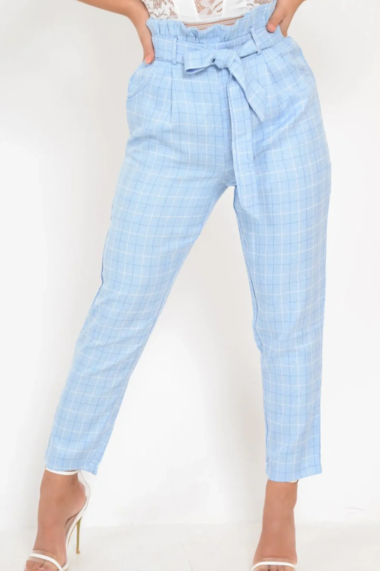 Rebellious Fashion Blue Check Paper Bag Trousers - Irma