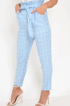 Rebellious Fashion Blue Check Paper Bag Trousers - Irma