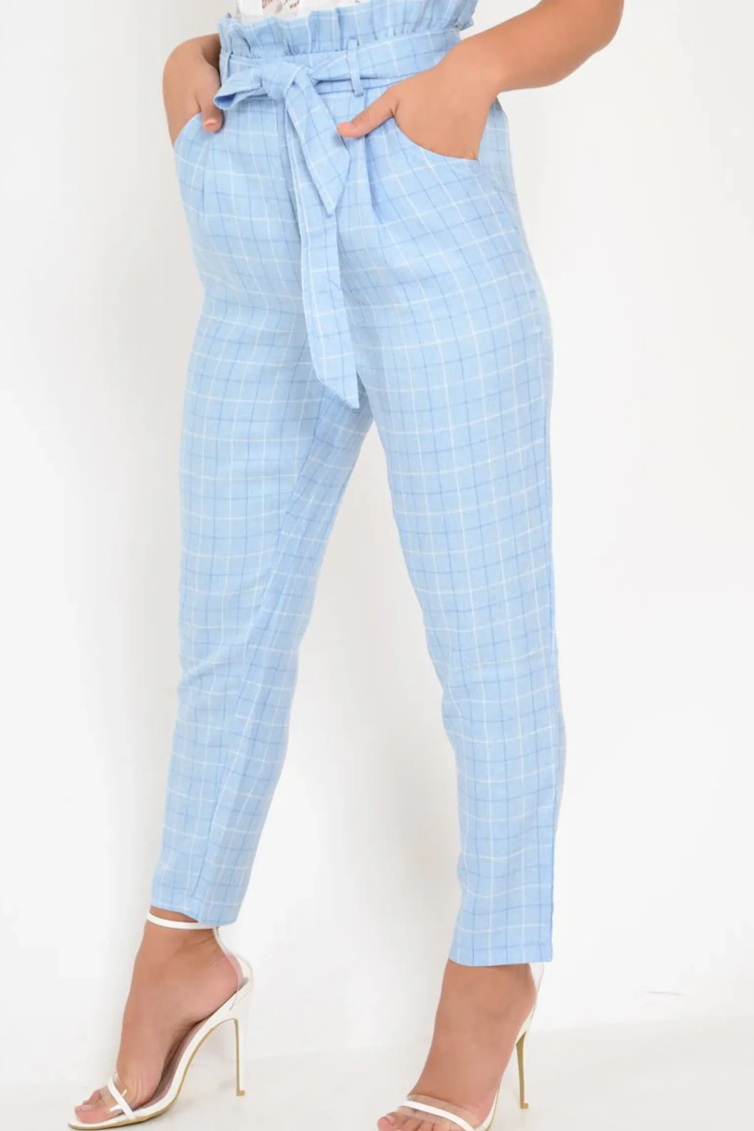 Rebellious Fashion Blue Check Paper Bag Trousers - Irma