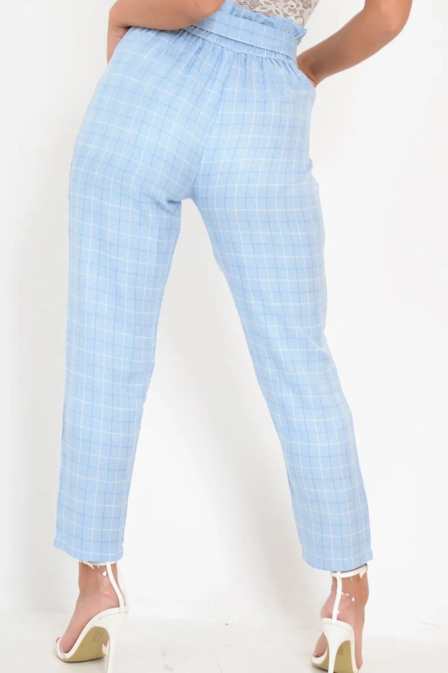 Rebellious Fashion Blue Check Paper Bag Trousers - Irma