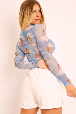 Rebellious Fashion Blue Cherub Print Mesh High Neck Crop Top - Lucie