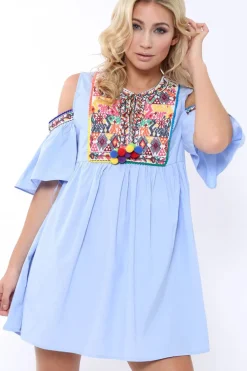 Rebellious Fashion Blue Cold Shoulder Shift Dress with Aztec Embroidery - Elodie