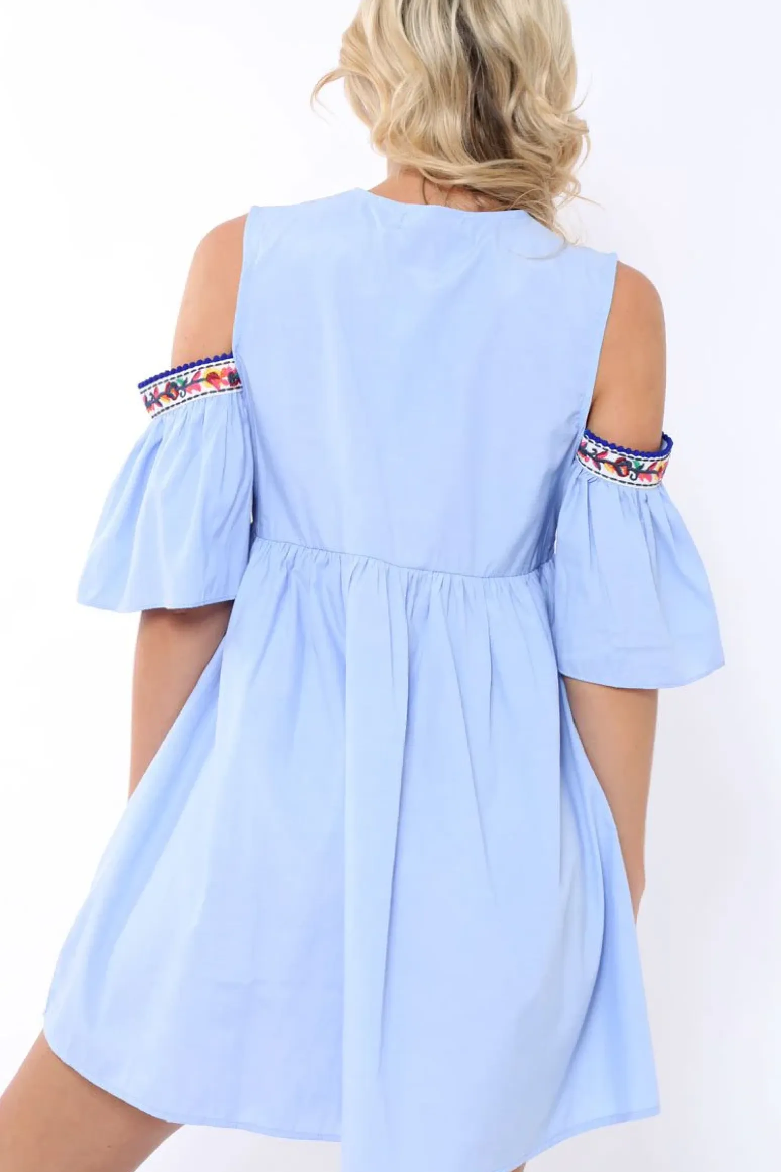 Rebellious Fashion Blue Cold Shoulder Shift Dress with Aztec Embroidery - Elodie
