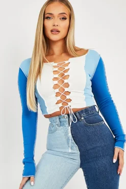 Rebellious Fashion Blue Colour Block Lace Up Front Crop Top - Bella
