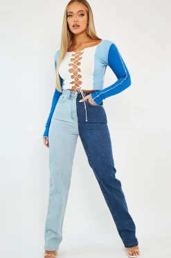 Rebellious Fashion Blue Colour Block Lace Up Front Crop Top - Bella