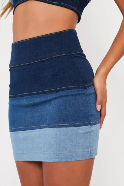 Rebellious Fashion Blue Contrast Panel Denim Skirt - Kodie