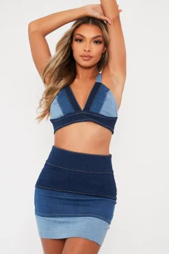 Rebellious Fashion Blue Contrast Panel Denim Skirt - Kodie